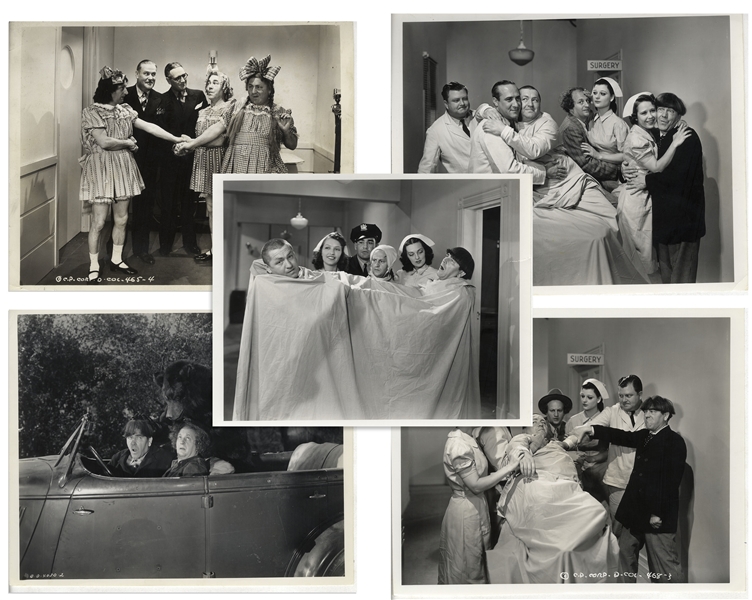 Moe Howard Personally Owned Lot of Five 10'' x 8'' Glossy Photos From The Three Stooges 1940 Films ''From Nurse to Worse'' & ''Nutty but Nice'' & the 1945 Film ''Idiots Deluxe'' -- Very Good Condition